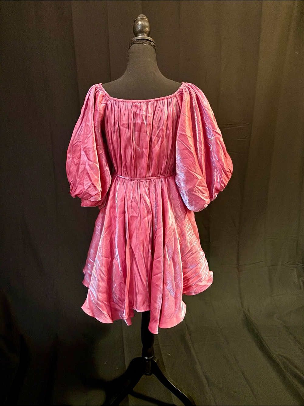 Arula Pink Metallic Plissé Puff-Sleeve Mini Dress w Pockets Size X (XL 10-12) 💖
